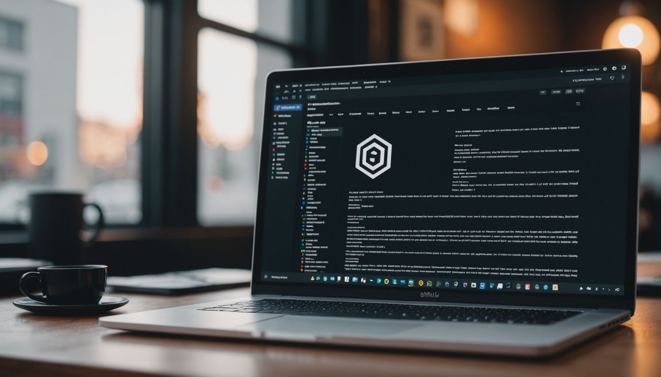 Laptop showing GitHub site with code and tools icons.