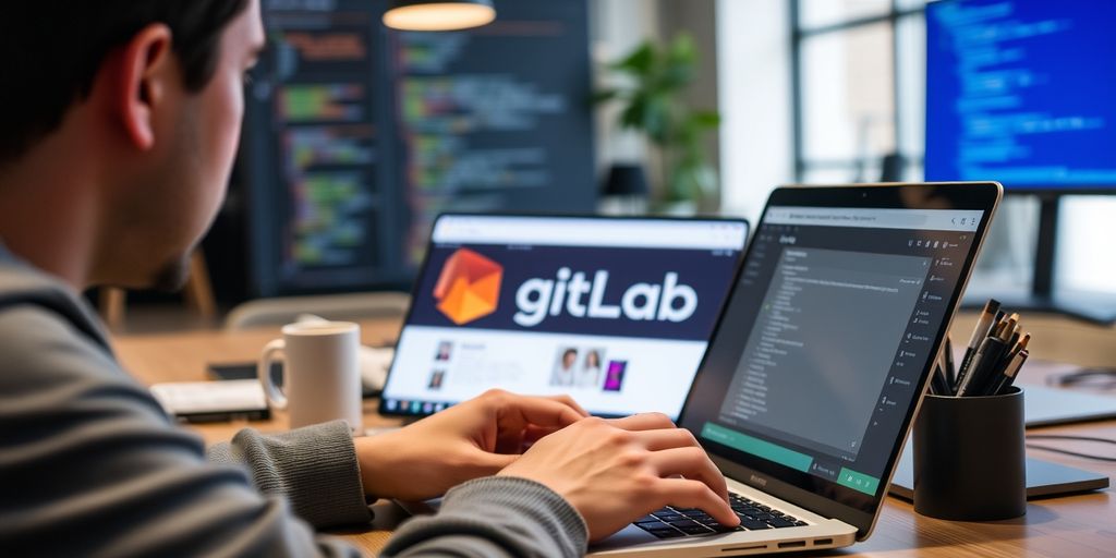 Person accessing GitLab on a laptop.
