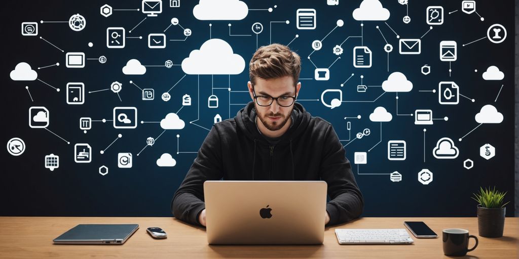 Person using laptop with GitHub-related icons.