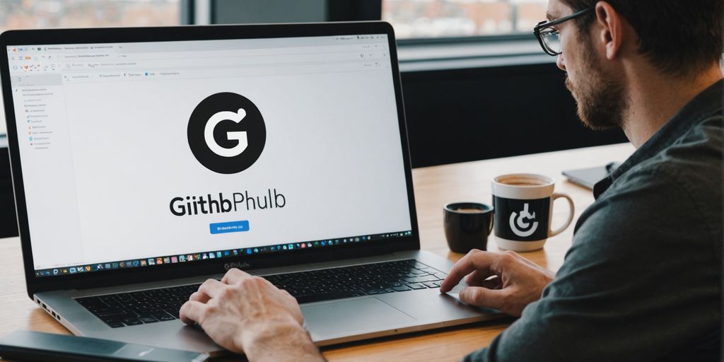 Person on laptop with GitHub logo