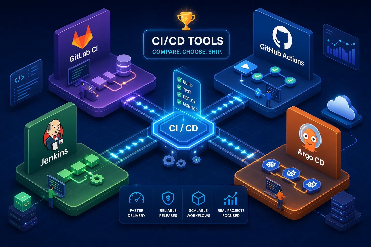 CI CD tools compared GitLab CI vs GitHub Actions vs Jenkins vs ArgoCD